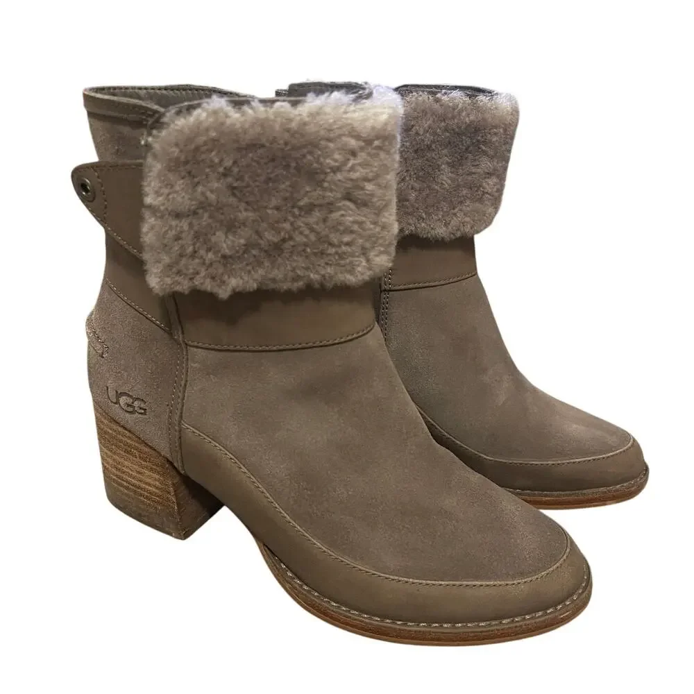 UGG Taupe Shearling Cuff Suede Ankle Boots